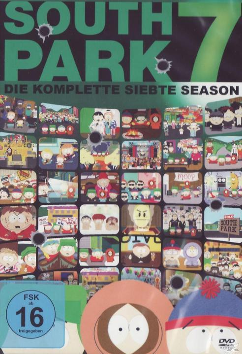 South Park Staffel 7 DVD-Cover. Zeichentrickfiguren in verschiedenen Szenen, mit Titel und Bewertung.