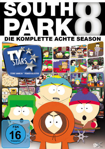 South Park 8 DVD-Cover. Zeichentrickfiguren wie Kenny, Stan, Kyle und Cartman sind zu sehen.