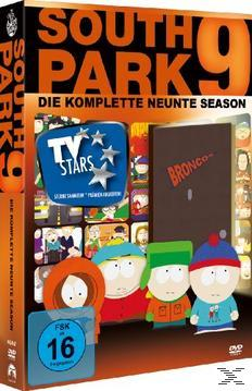 South Park DVD-Cover: Zeichentrickfiguren, Logo, Text: Die komplette neunte Season.