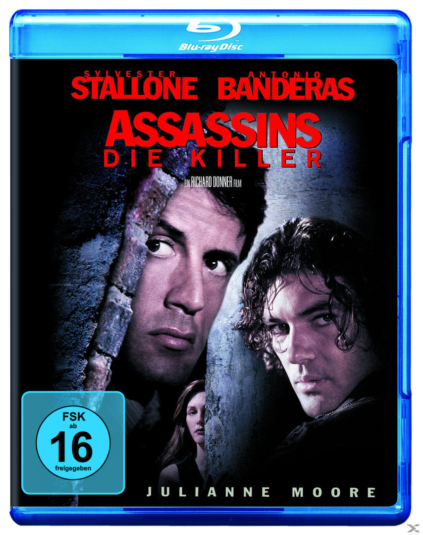 Filmcover für Assassins mit Sylvester Stallone und Antonio Banderas. Zwei Männer stehen eng beieinander.