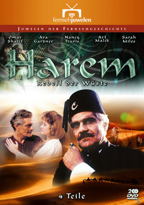 DVD-Cover mit Omar Sharif. Titel: Harem, Rebell der Wüste, mit den Namen der Schauspieler.