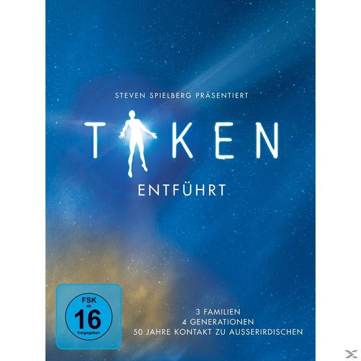 DVD-Cover: Text 'Taken', eine Silhouette einer Person und ein blauer Hintergrund.