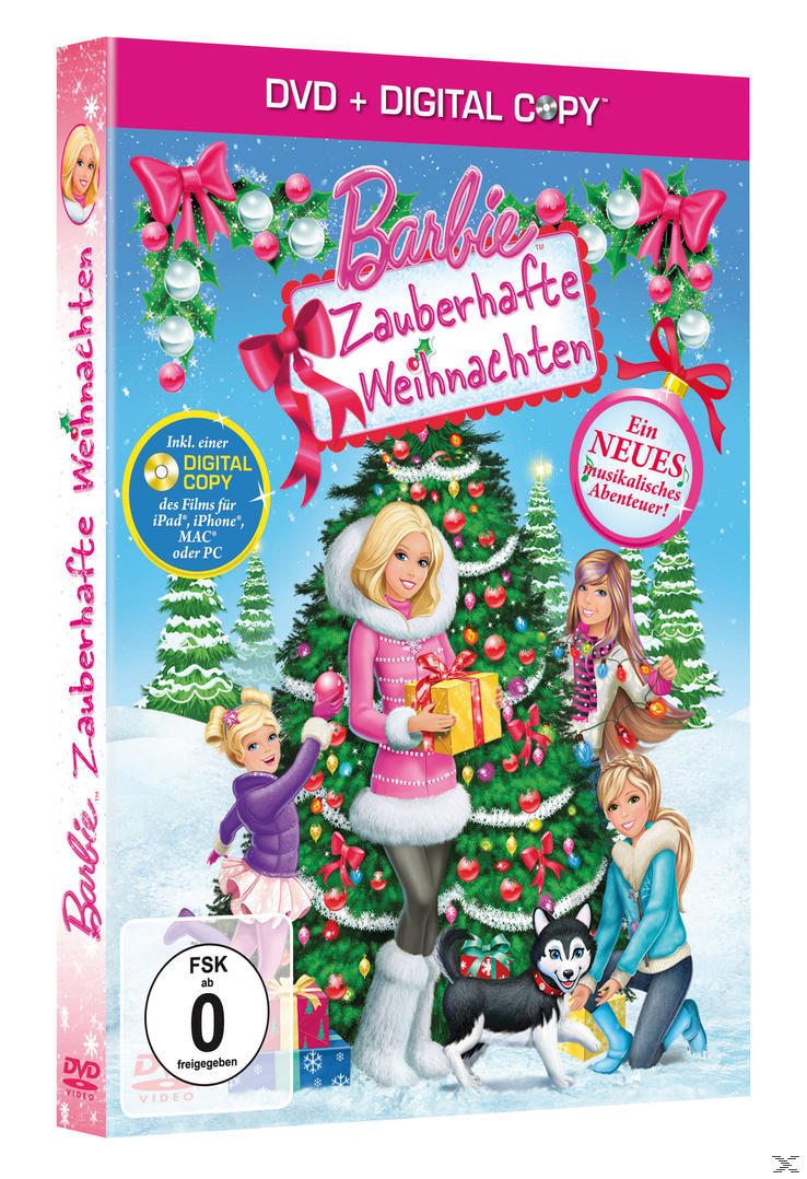 DVD-Cover von Barbie mit Weihnachtsmotto, mit Barbie und anderen Figuren.