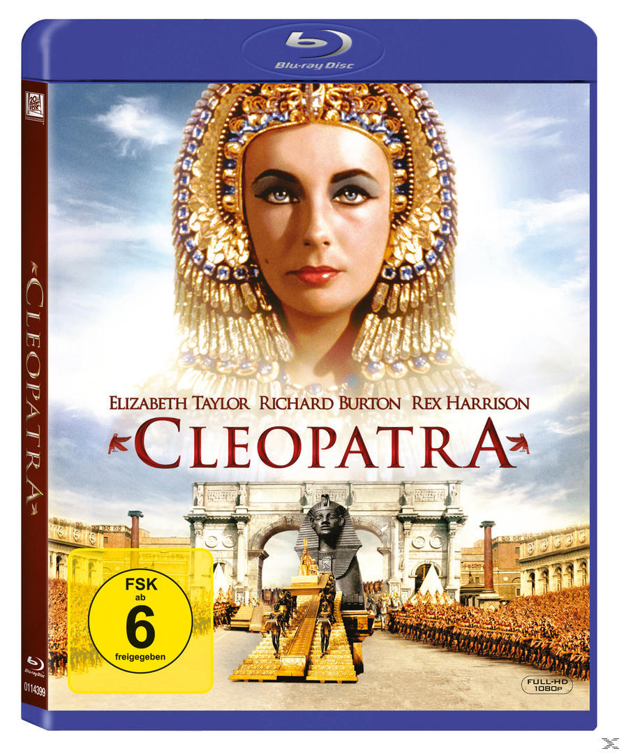 Filmcover von Cleopatra, mit einem Porträt von Elizabeth Taylor und einem Hintergrund des Films.