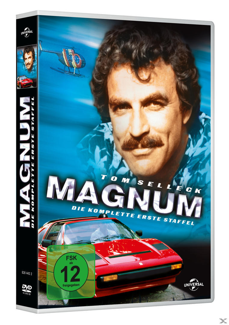 DVD-Cover für 'Magnum', mit Tom Selleck und einem roten Ferrari. Die DVD ist für die erste Staffel.