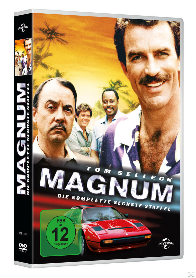 DVD-Cover mit Tom Selleck und anderen Schauspielern. Titel 'Magnum'. Rotes Auto im Vordergrund. Gelber Hintergrund.