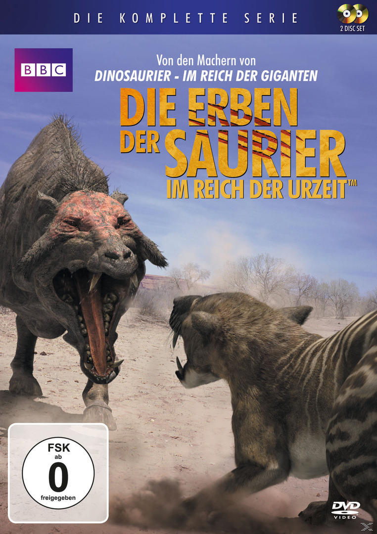 DVD-Cover mit Dinosaurierbildern. Zwei dinosaurierartige Kreaturen in einer wüstenartigen Umgebung. Blauer Himmel im Hintergrund.