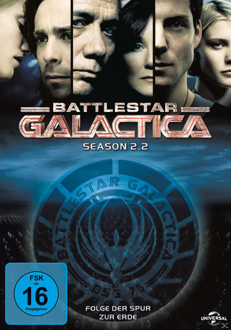 DVD-Cover von Battlestar Galactica mit Gesichtern von Schauspielern und Logo.