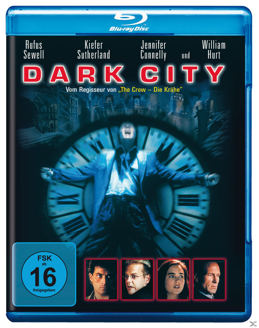 Dark City Blu-ray Cover. Ein Mann schwebt vor einem Zifferblatt. Gesichter der Schauspieler unten. FSK 16.