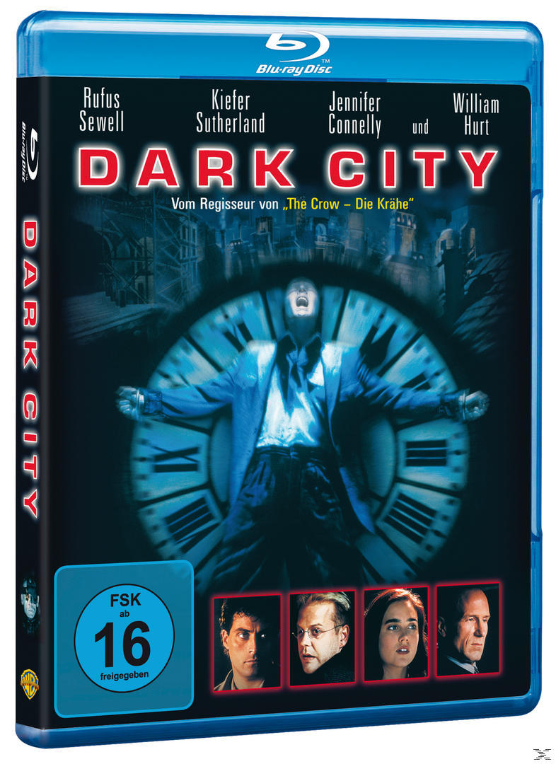Blu-ray-Disc-Cover für den Film 'Dark City'. Enthält Schauspieler, ein Ziffernblatt und ein blaues Farbschema.