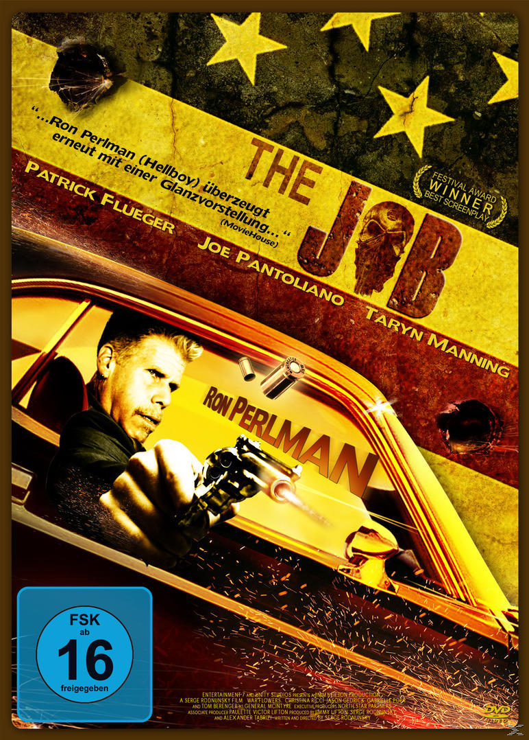 Filmposter: Ron Perlman in einem Auto, der eine Waffe zielt. Titel: The Job. Sterne, Einschusslöcher und ein Rating-Logo sind sichtbar.