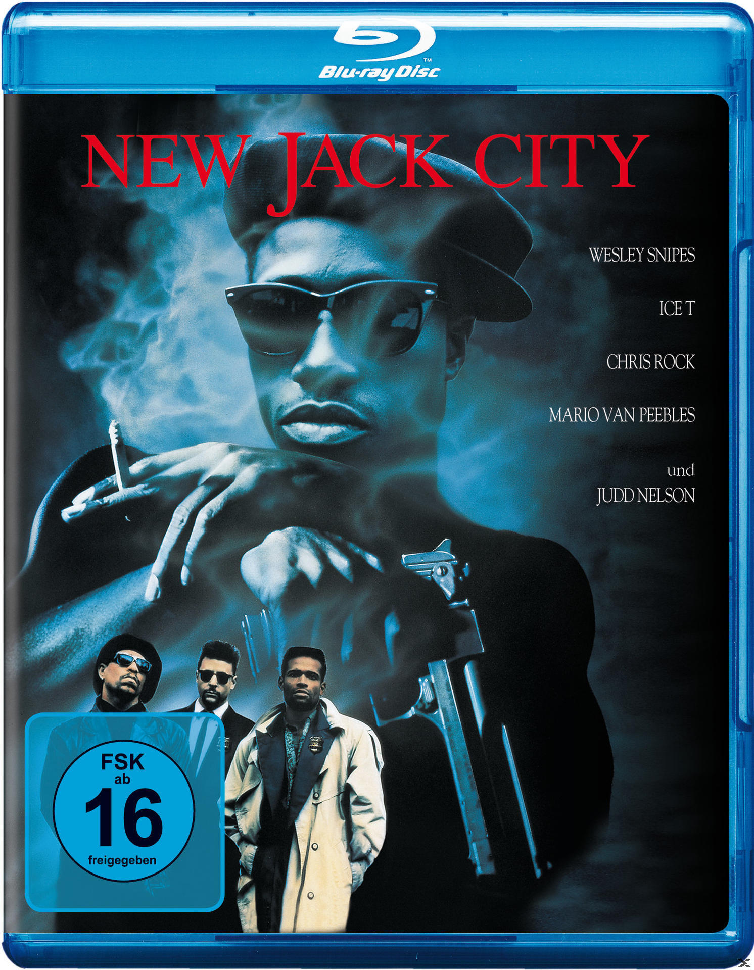 Filmcover: Gruppe von Männern. Mann mit Sonnenbrille und Pistole. Blautöne. Text: New Jack City.