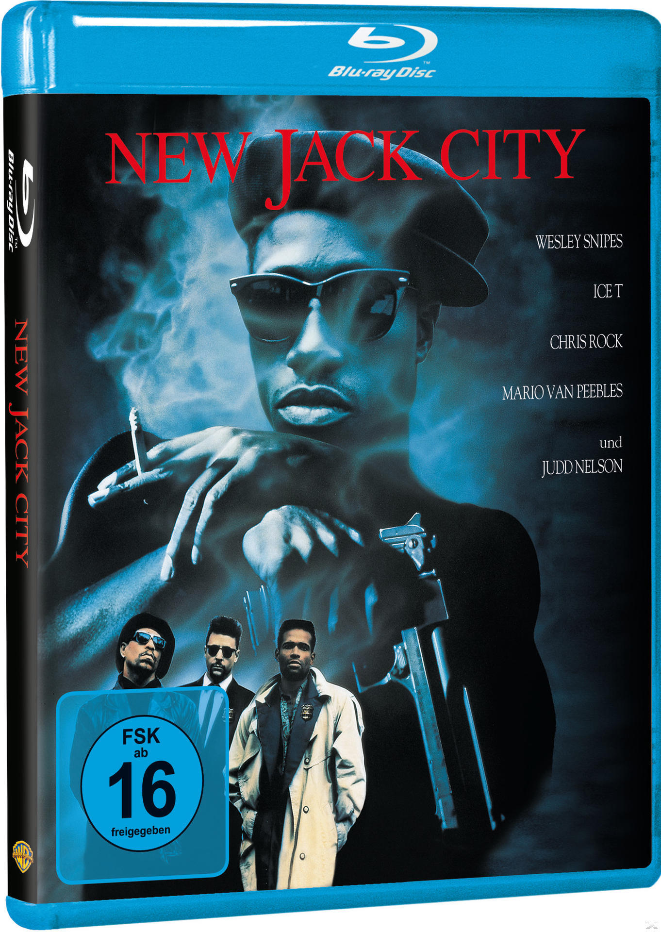 Filmcover: Mann mit Sonnenbrille, Rauch, Pistole. Titel: New Jack City. Namen der Schauspieler. Blu-ray Disc.