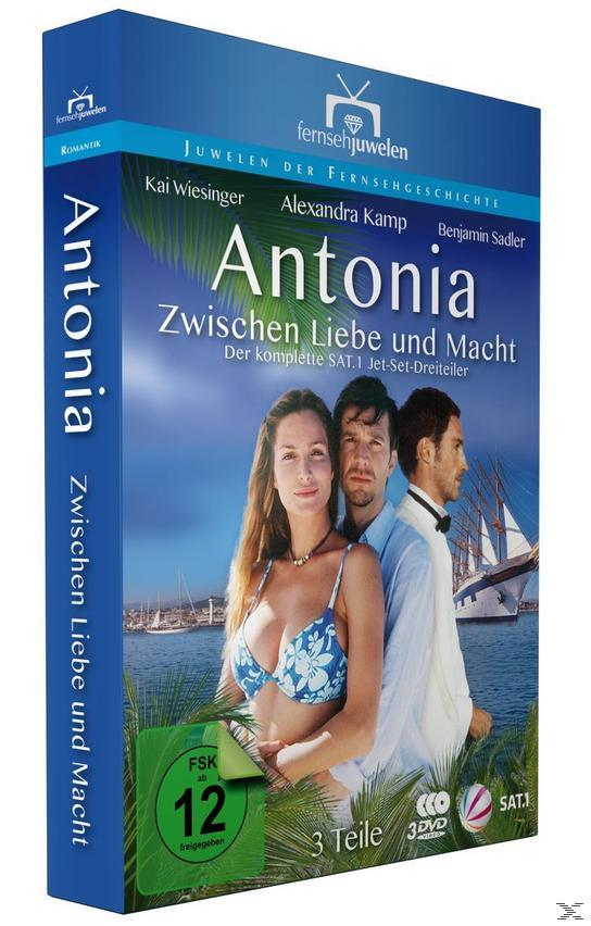DVD-Box: Eine Frau und zwei Männer am Strand, mit einem Segelboot im Hintergrund. Text: Antonia.