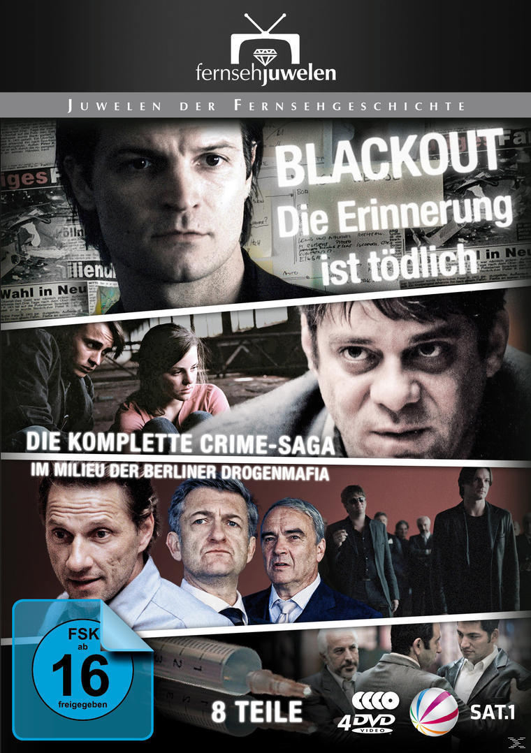 Filmposter mit mehreren Gesichtern. Titel: Blackout. Text auf Deutsch. Leute in Anzügen und eine Spritze.
