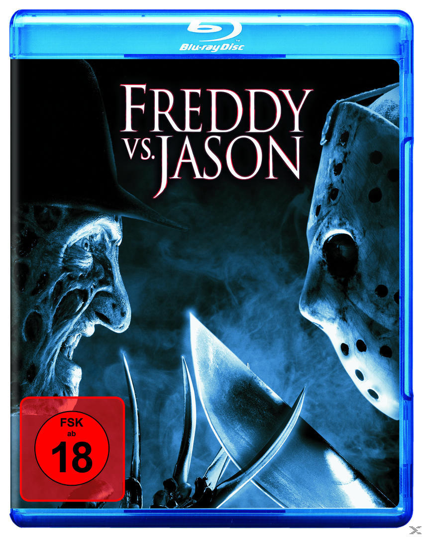Freddy vs. Jason Blu-ray-Cover, zwei Gesichter, Freddy und Jason, mit Waffen.