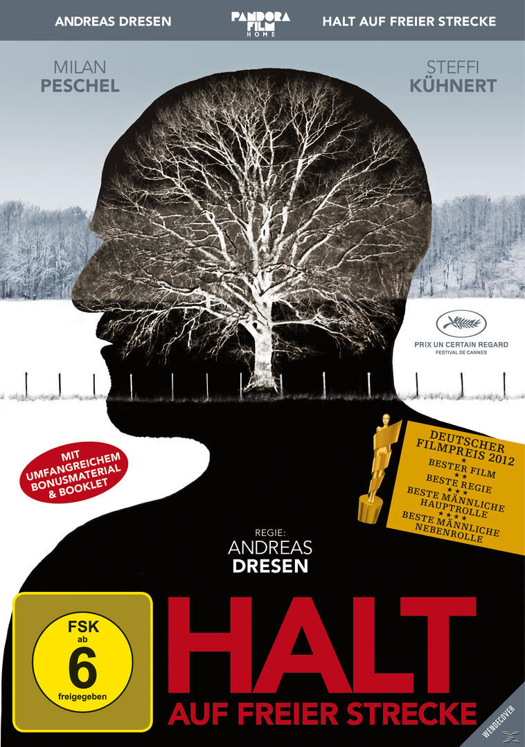 Filmplakat: Halt auf freier Strecke, ein Kopf mit einem Baum darin. Schwarzer Hintergrund.