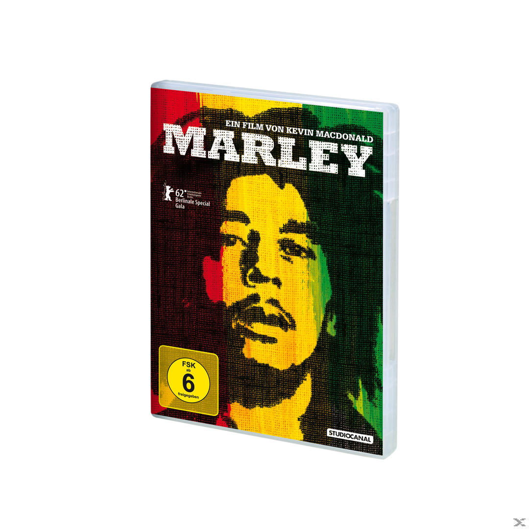 DVD-Cover für den Film 'Marley'. Bob Marley-Bild auf grünem und rotem Hintergrund, mit Text.