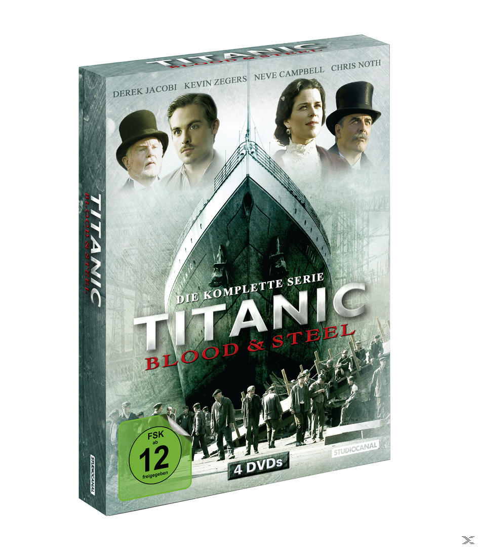 DVD-Box-Set: Titanic Blood & Steel, mit Schauspielern und Schiffsgrafik.