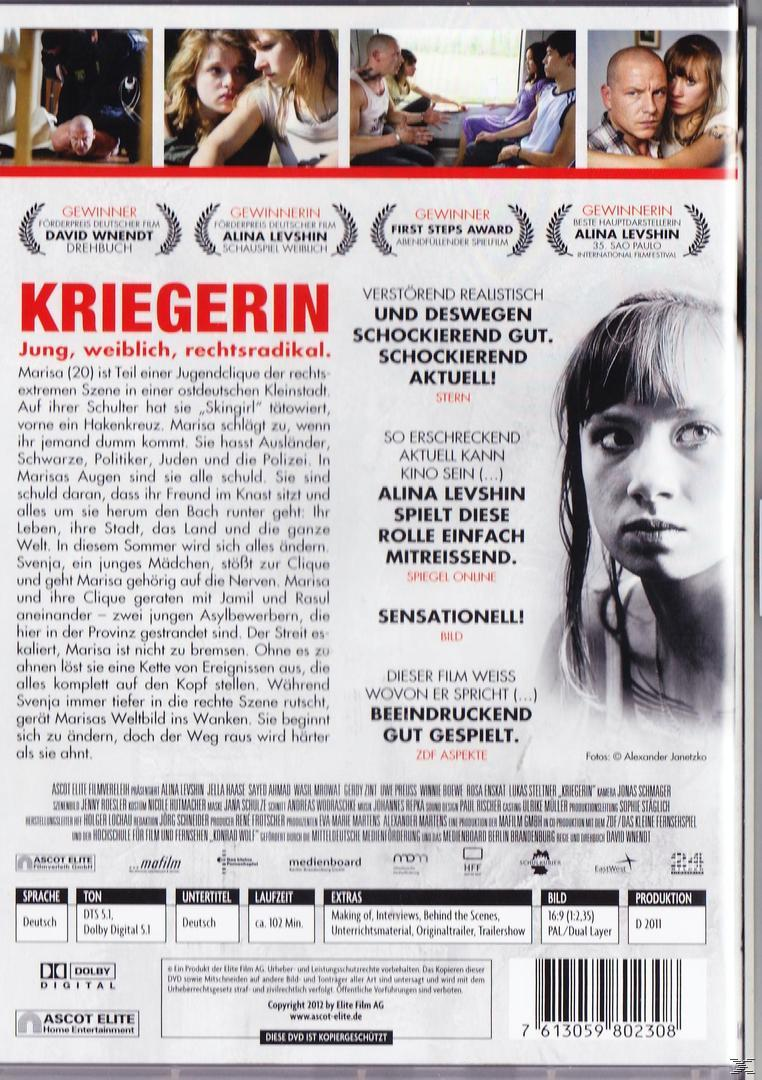 DVD-Cover für den Film 'Kriegerin'. Das Gesicht einer jungen Frau ist zu sehen, mit deutschem Text und Logos.