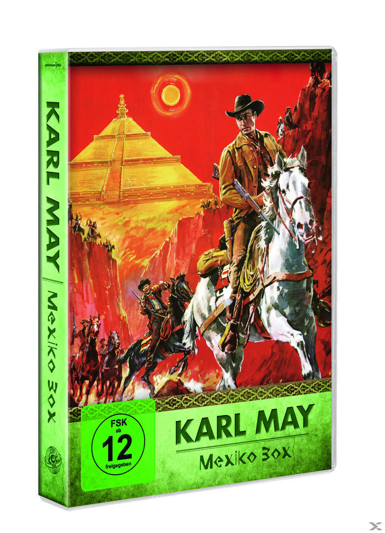 DVD-Cover mit Cowboy auf weißem Pferd, Pyramide, Titel 'Karl May'.