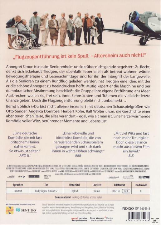 DVD-Cover, ältere Leute. Text auf Deutsch. Flugzeug, alte Leute. Text: Flugzeugentführung ist...