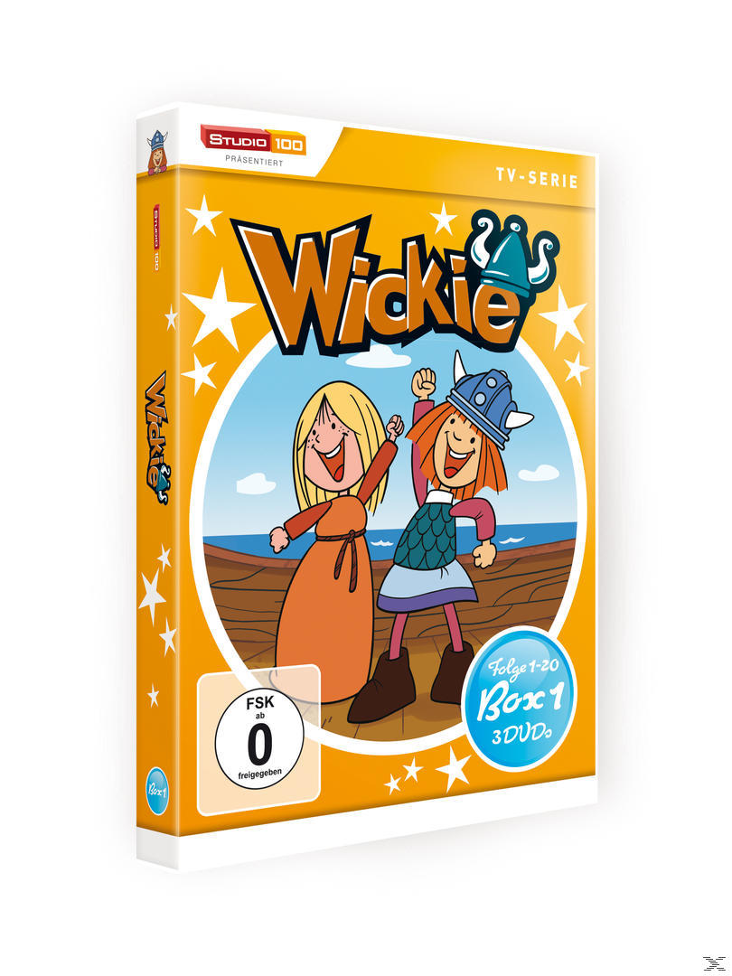 DVD-Cover mit Zeichentrickfiguren: ein Mädchen und ein Junge. Titel: Wickie. Gelber Hintergrund mit Sternen.