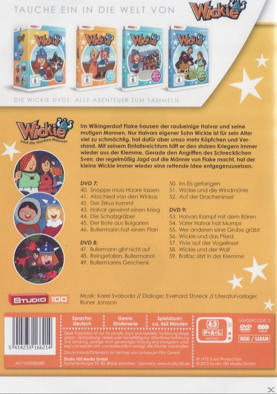 DVD-Cover mit Wickie, dem Wikinger, DVDs, mit Zeichentrickfiguren und Text auf Deutsch. Verschiedene Episoden sind aufgelistet.