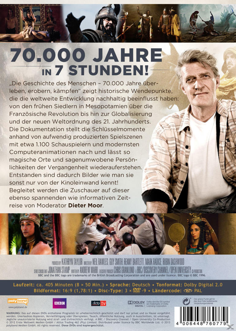 DVD-Cover. Mann nach vorne schauend. Text: 70.000 JAHRE IN 7 STUNDEN, Leute im Hintergrund.