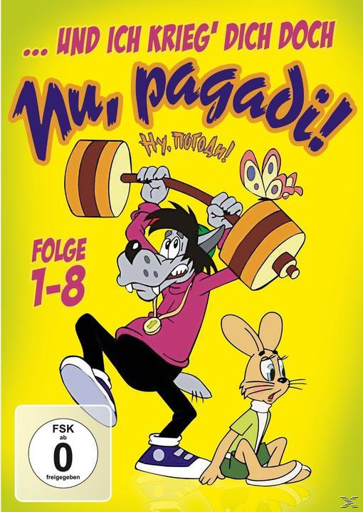 Cartoon-DVD-Cover mit einem Wolf, der Gewichte hebt, und einem Kaninchen, das zuschaut.