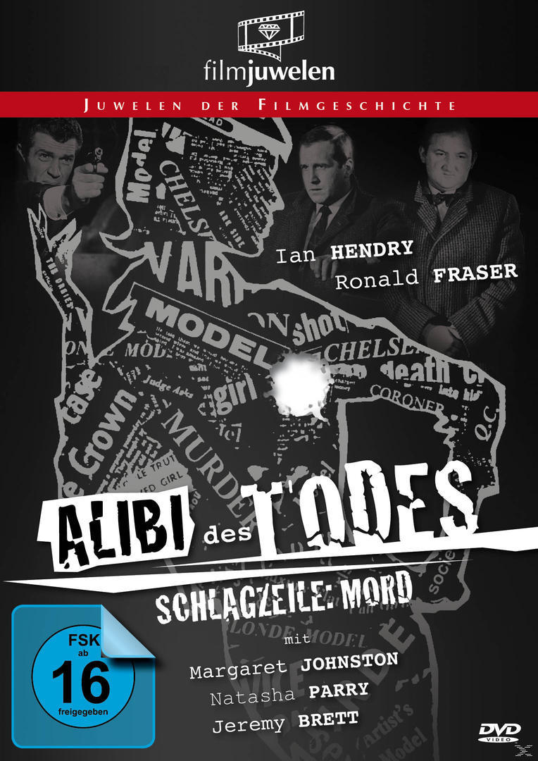 DVD-Cover mit drei Männern. Text auf Deutsch, Alibi des Todes. Schwarz und weiß.