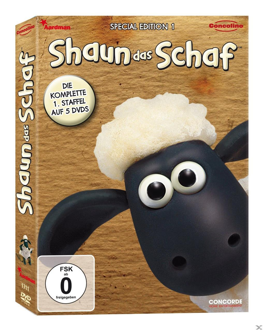 DVD-Cover mit Shaun das Schaf-Cartoon-Charakter und Text auf einem Karton-Hintergrund.