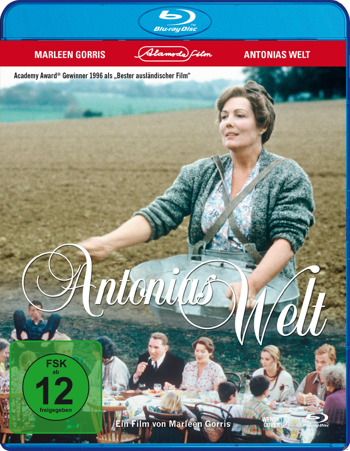 Blu-ray-Cover. Frau mit anderen. Titel: Antonias Line. Grüner Feldhintergrund.