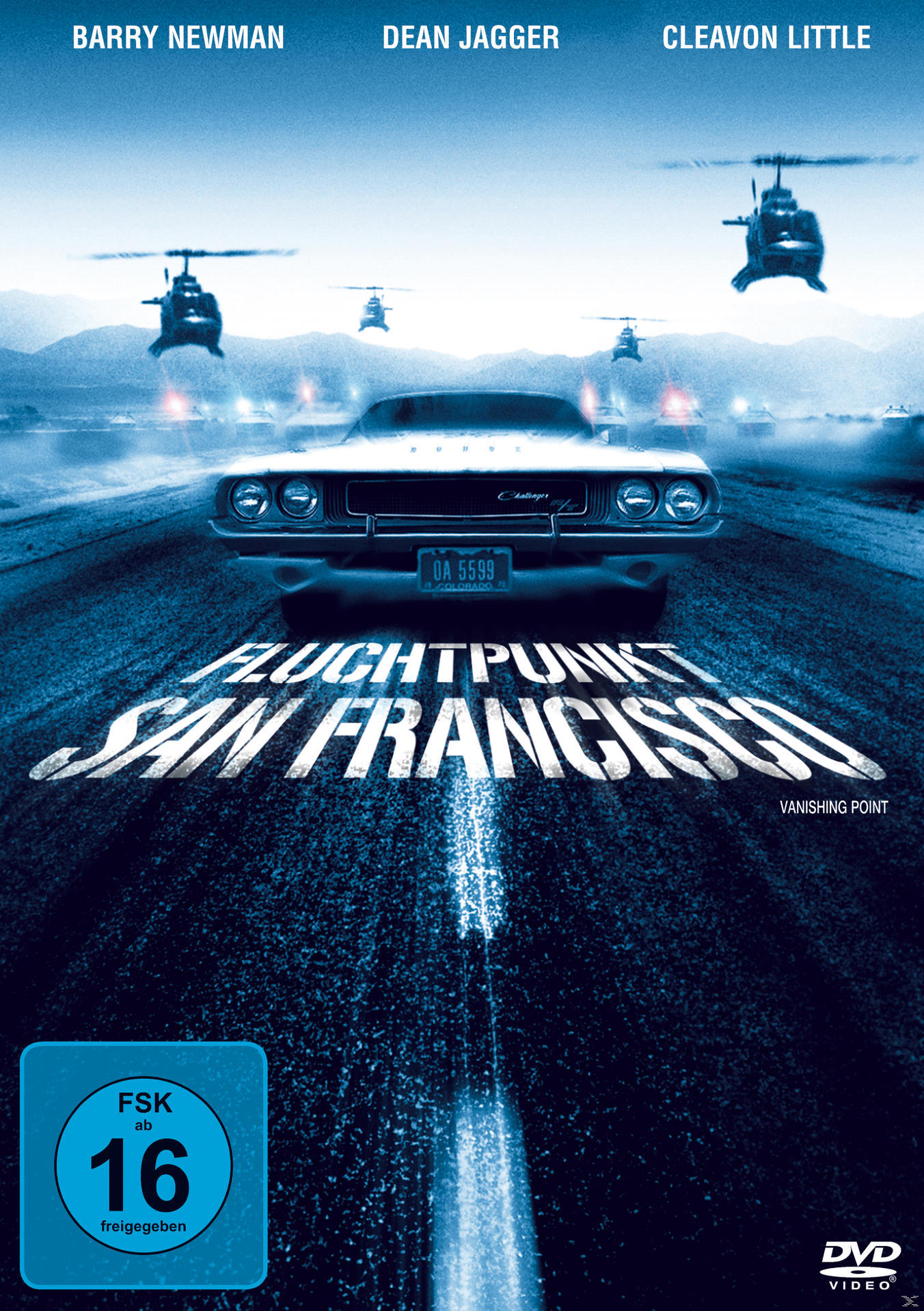 Filmposter mit Auto auf Straße, Hubschraubern und Schauspielernamen.