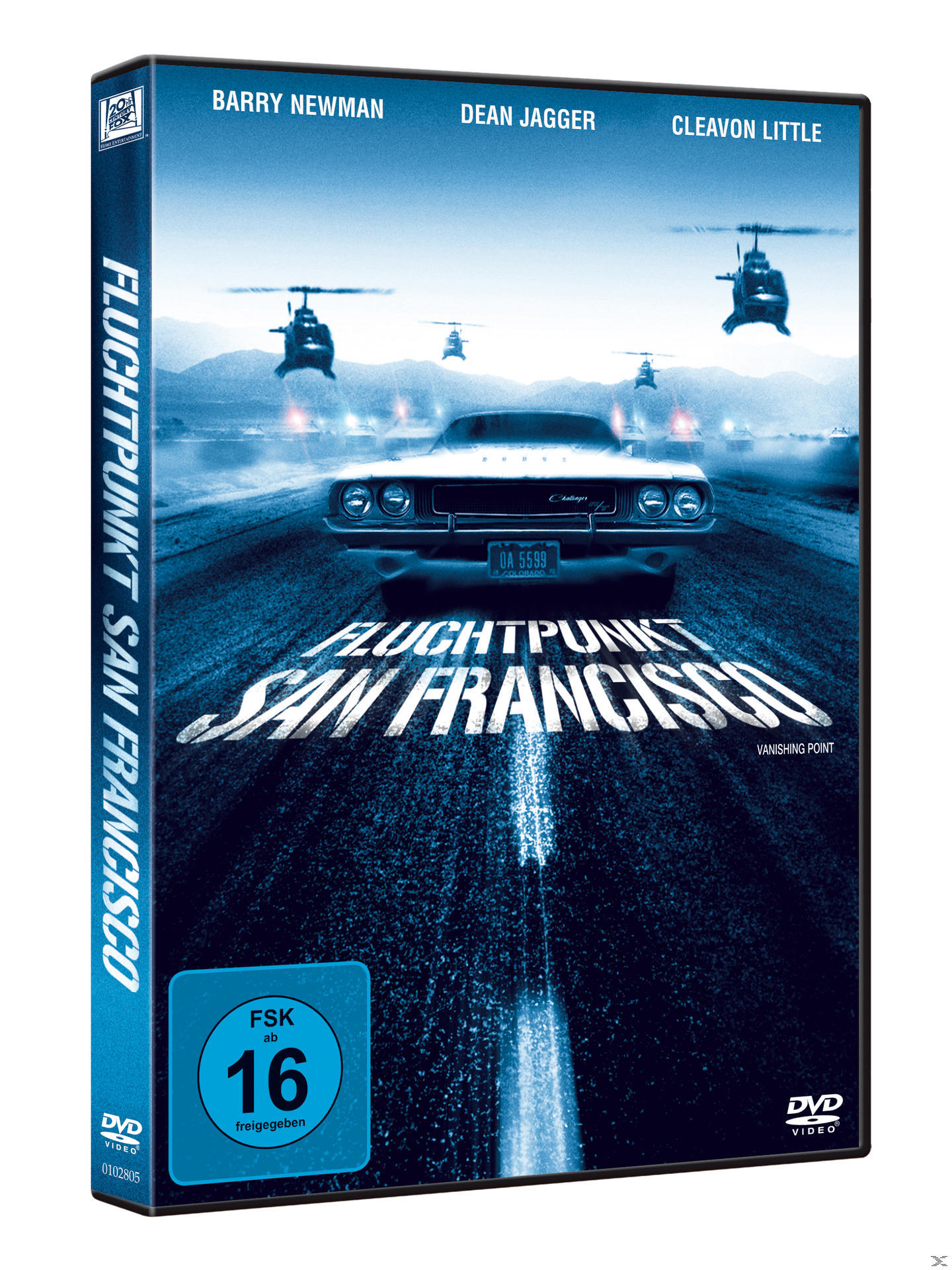DVD-Cover. Auto auf Straße, Hubschrauber darüber. Text: Vanishing Point und Filmtitel.