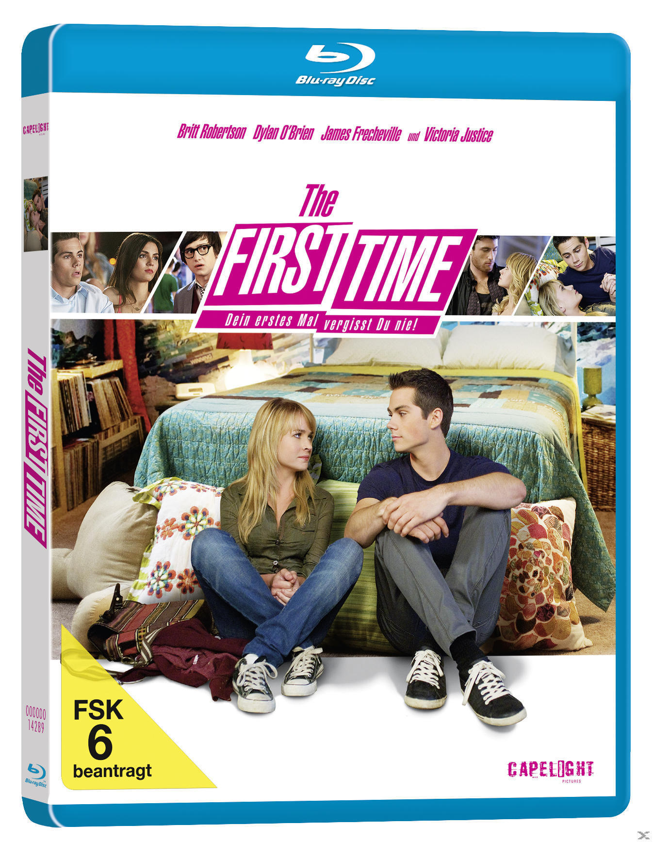 The First Time Blu-ray-Cover mit zwei jungen Leuten in einem Schlafzimmer mit Bett.