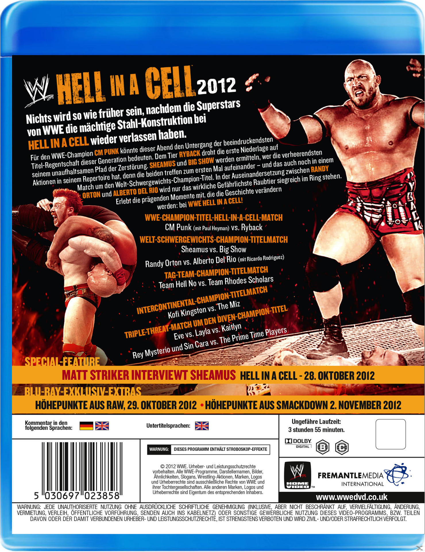 DVD-Cover mit Wrestlern und Text 'WWE Hell in a Cell 2012'. Roter und schwarzer Hintergrund.