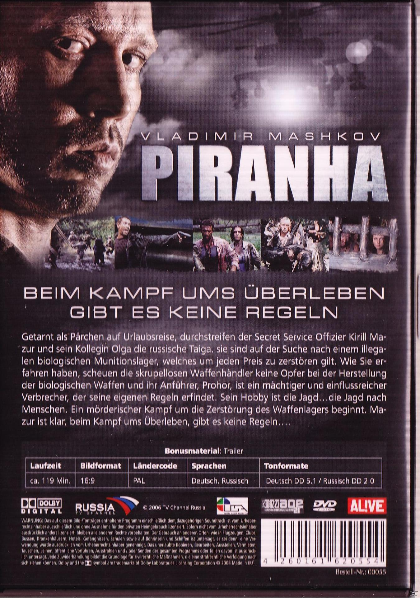 DVD-Cover: Piranha. Ein Mann im Vordergrund, Actionszenen und Text auf der Rückseite.