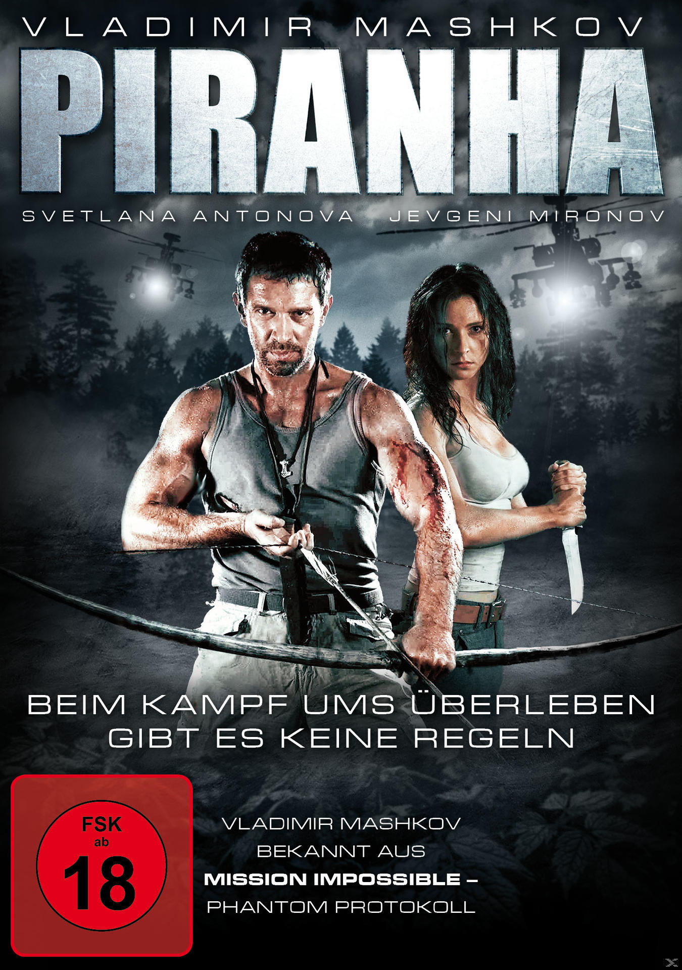 Filmplakat mit einem Mann und einer Frau, die Waffen halten. Hubschrauber und Wald im Hintergrund.