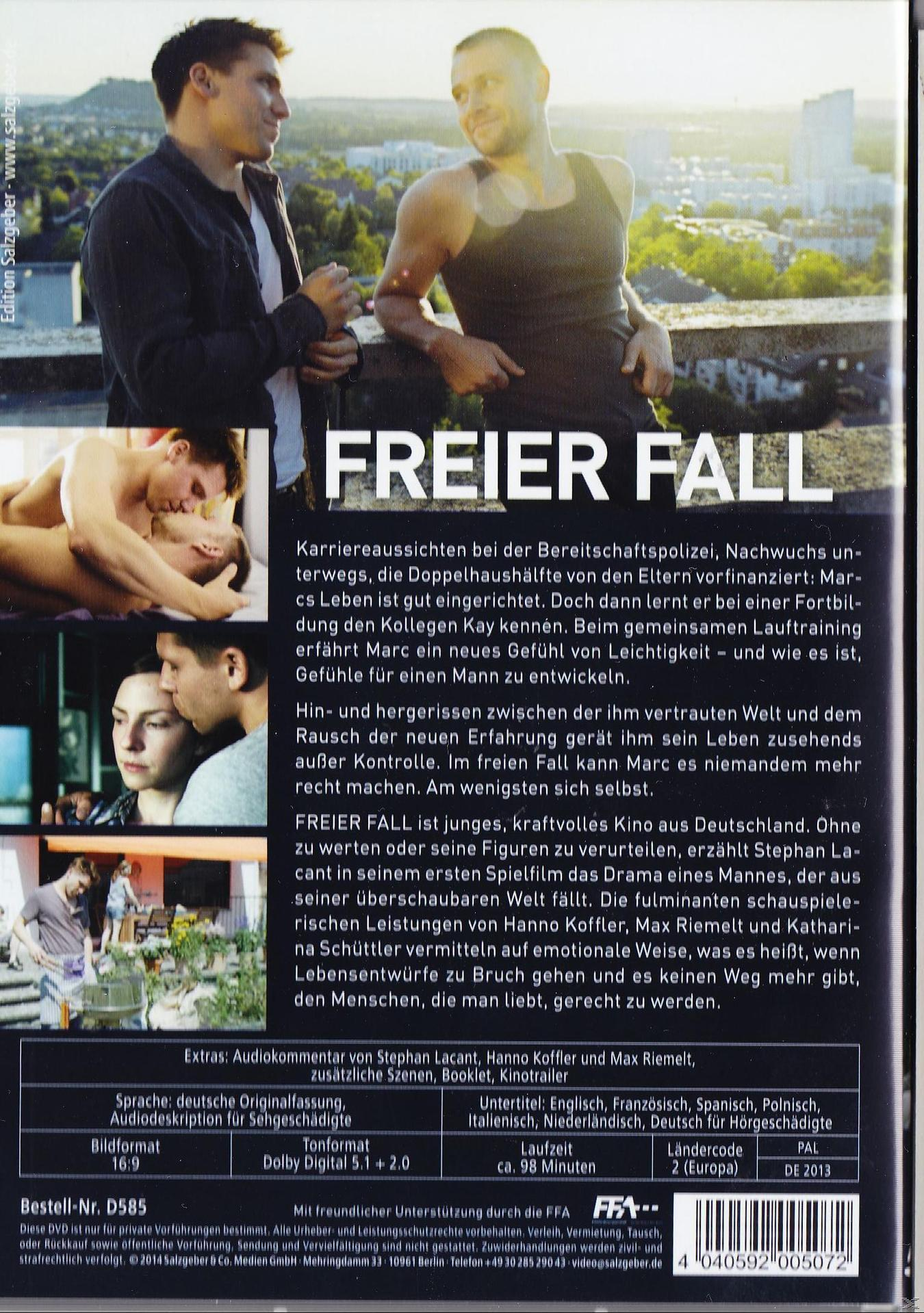 DVD-Cover für den Film 'Freier Fall', zeigt zwei Männer im Gespräch, mit weiteren Bildern und Text.