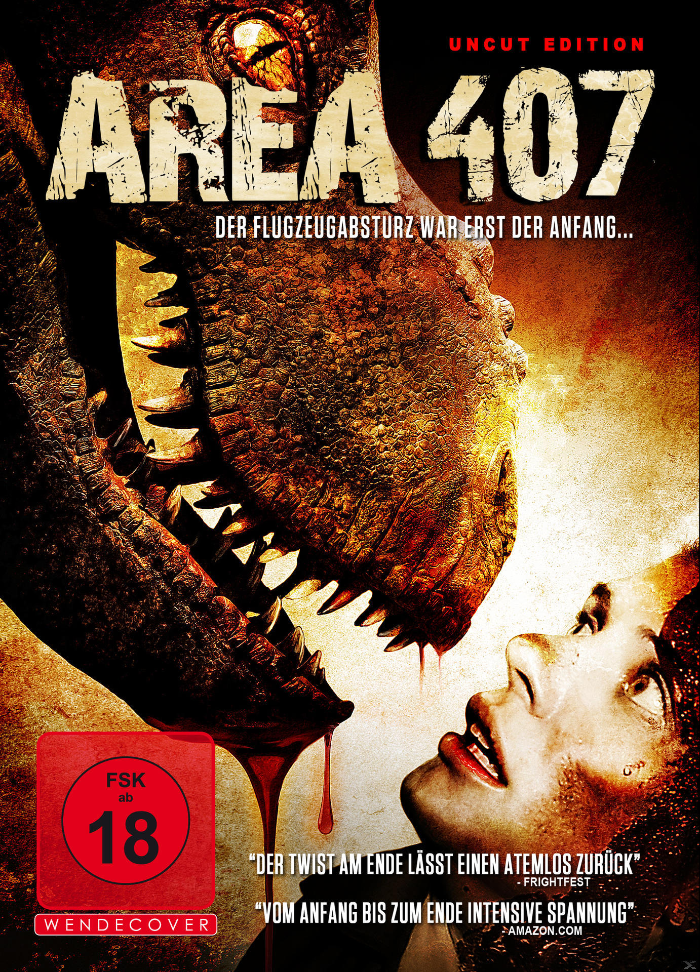 DVD-Cover mit dem Kopf eines Dinosauriers über einer verängstigten Frau und einem roten FSK 18-Symbol.