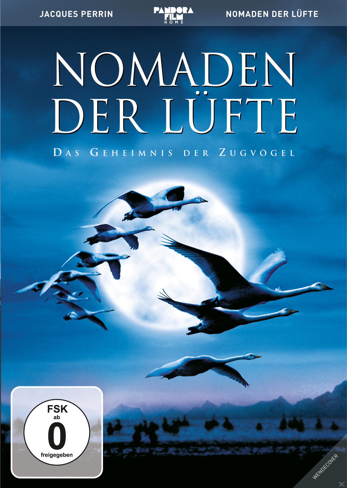DVD-Cover für Nomaden der Lüfte. Mehrere Schwäne im Flug. Blauer Himmel und Mond im Hintergrund.