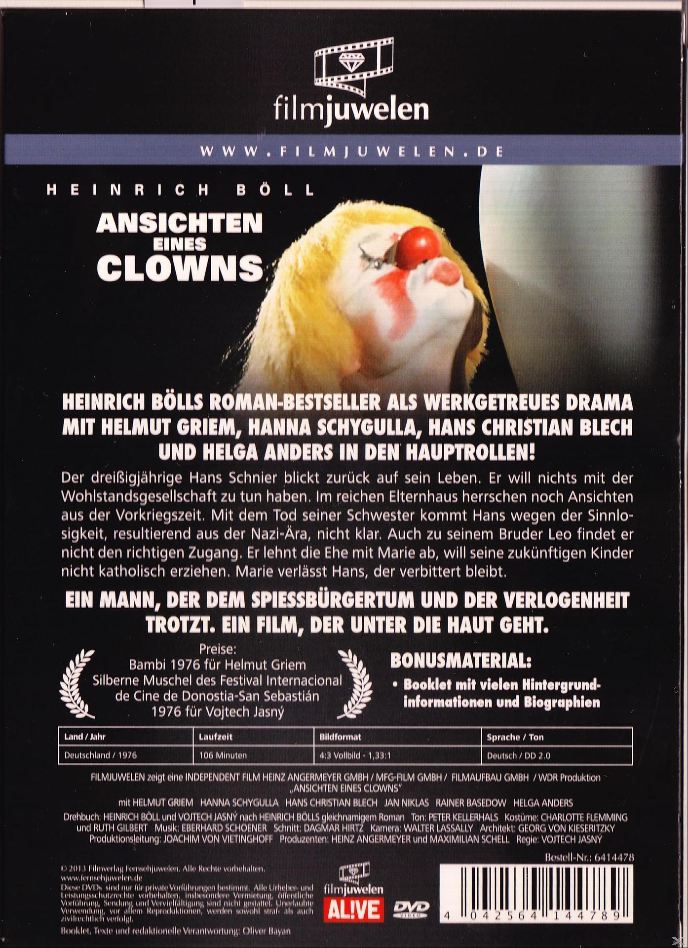 DVD-Cover: Ansichten eines Clowns. Ein Clown mit roter Nase, gelben Haaren. Text auf Deutsch.