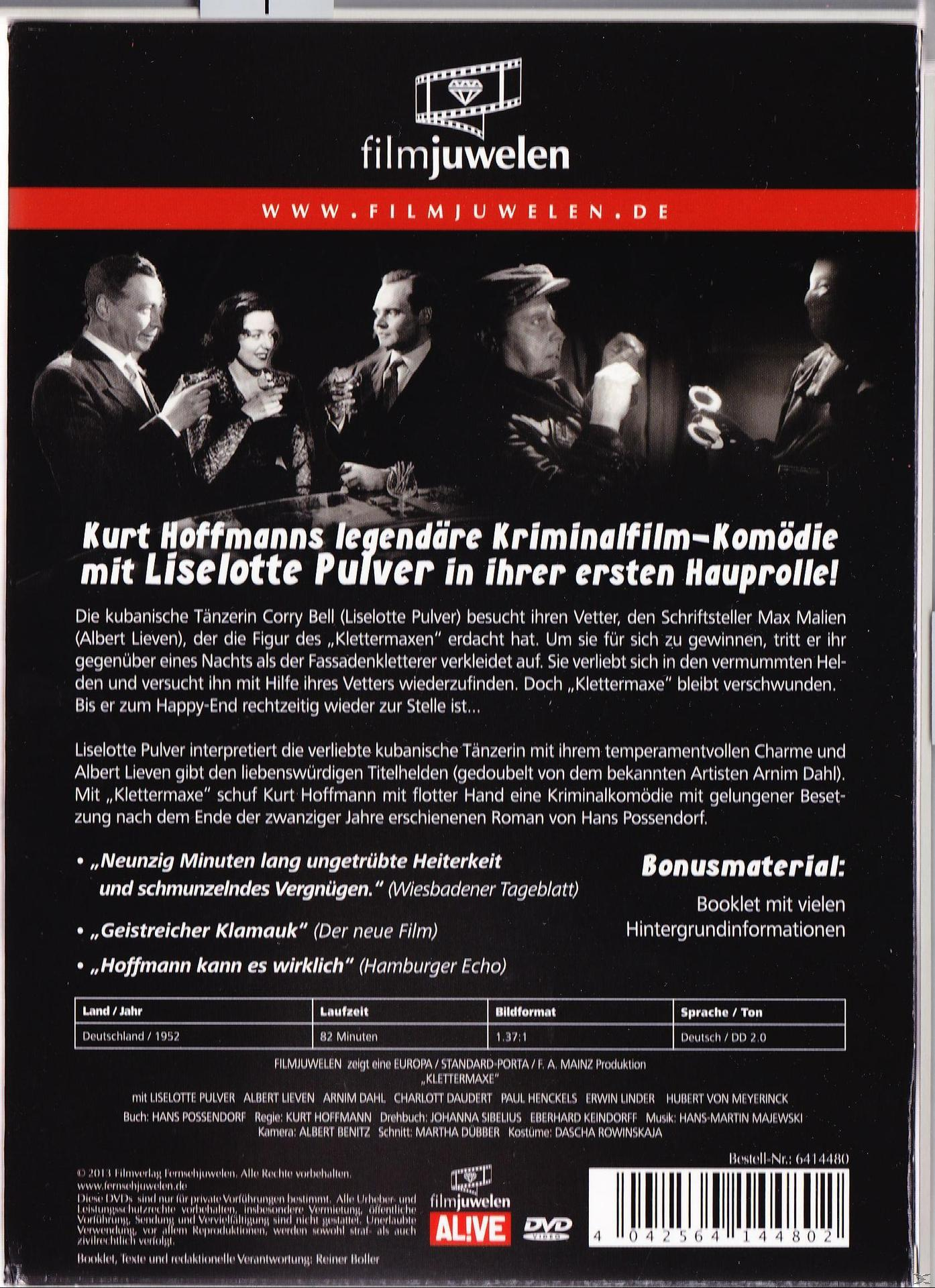 DVD-Cover mit Männern, Text und einer Frau. Titel: Klettermäxe.