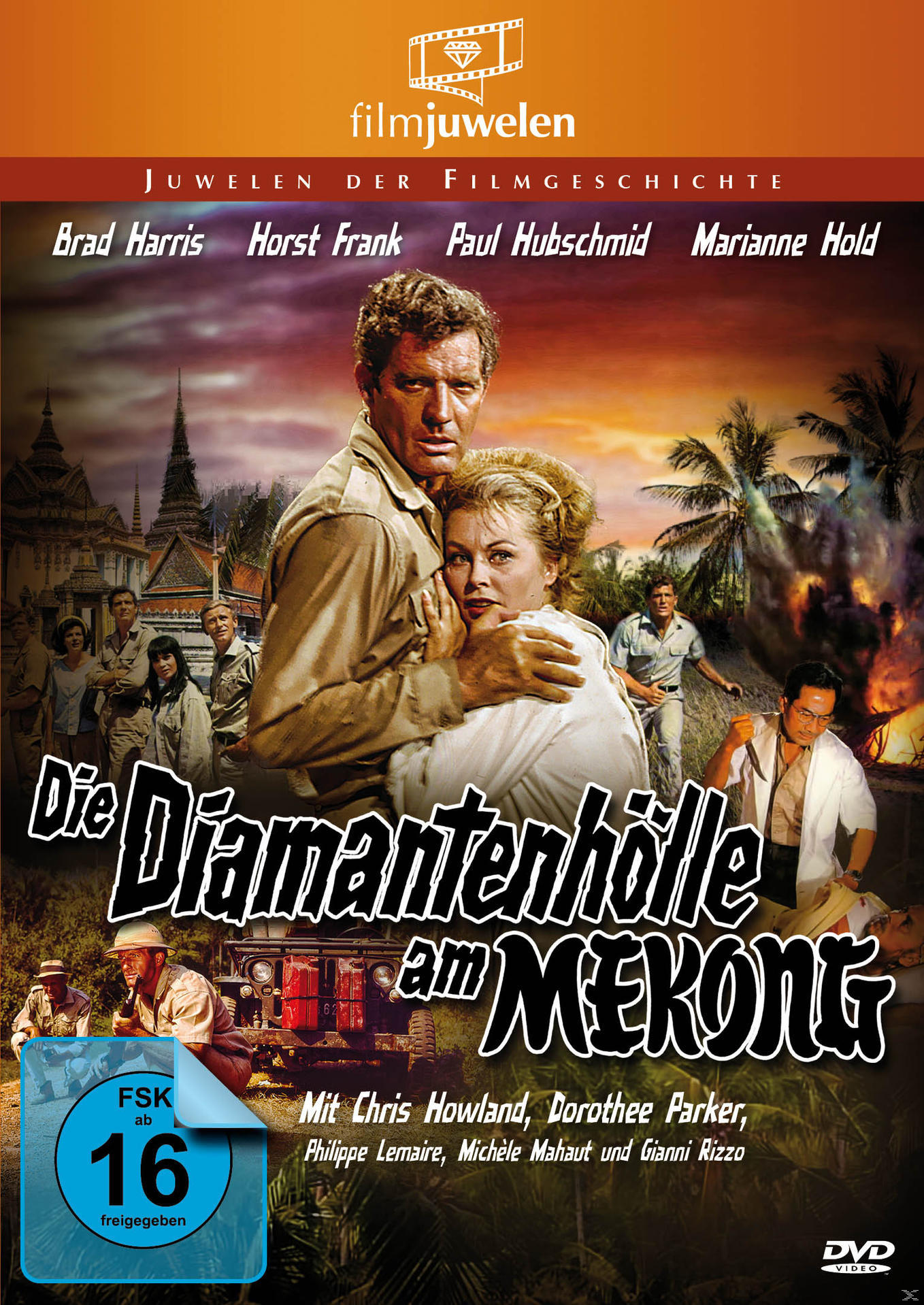 DVD-Cover, ein Mann und eine Frau umarmen sich, Dschungel-Hintergrund, Titel: Die Diamantenhöhle am Mekong.