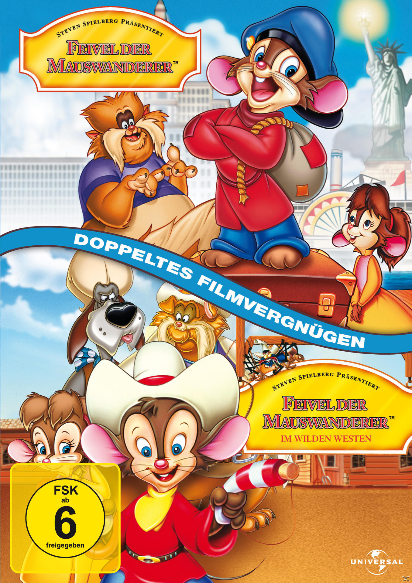 DVD-Cover für 'Feivel, der Mauswanderer'. Animierte Mäuse in einer Stadt. Der Titel in einem Banner.