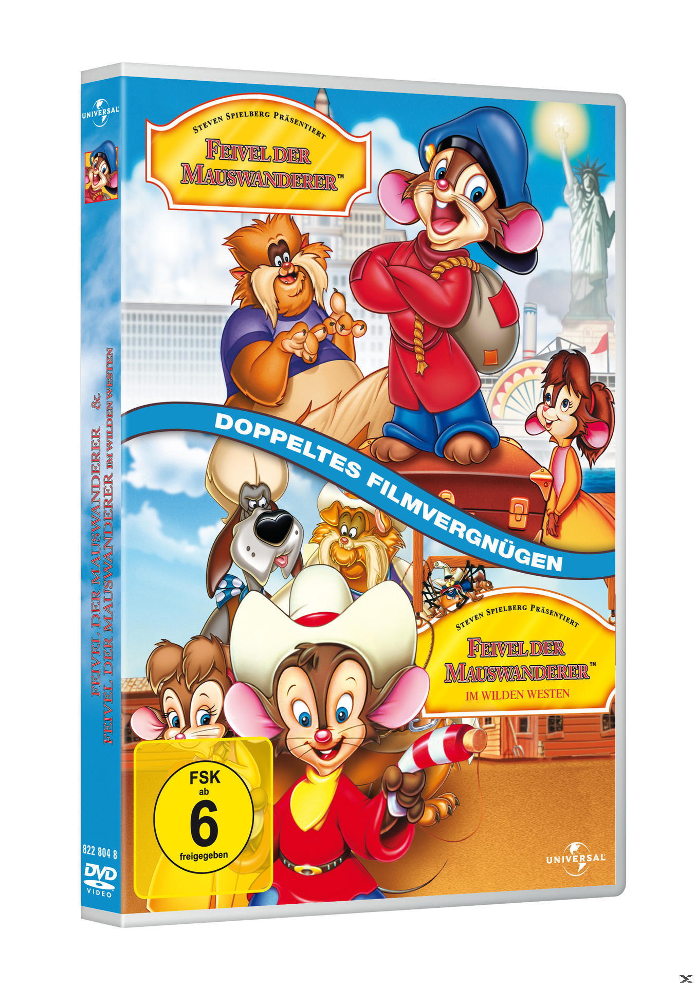 DVD-Hülle mit Zeichentrickfiguren; Titel lautet 'Feivel der Mauswanderer'.