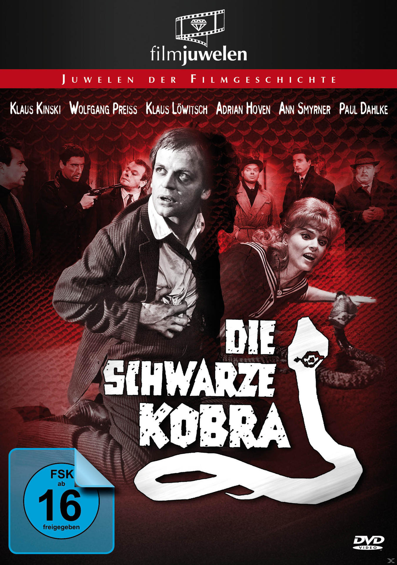 DVD-Cover. Mann und Frau mit Schlange. Personengruppe im Hintergrund. Titel: Die Schwarze Kobra.