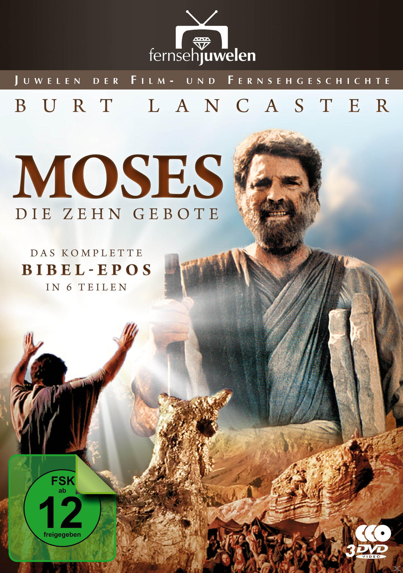 DVD-Hülle für 'Moses' mit Burt Lancaster. Zeigt einen Schauspieler mit Bart, goldenem Kalb und Hintergrundkulisse.