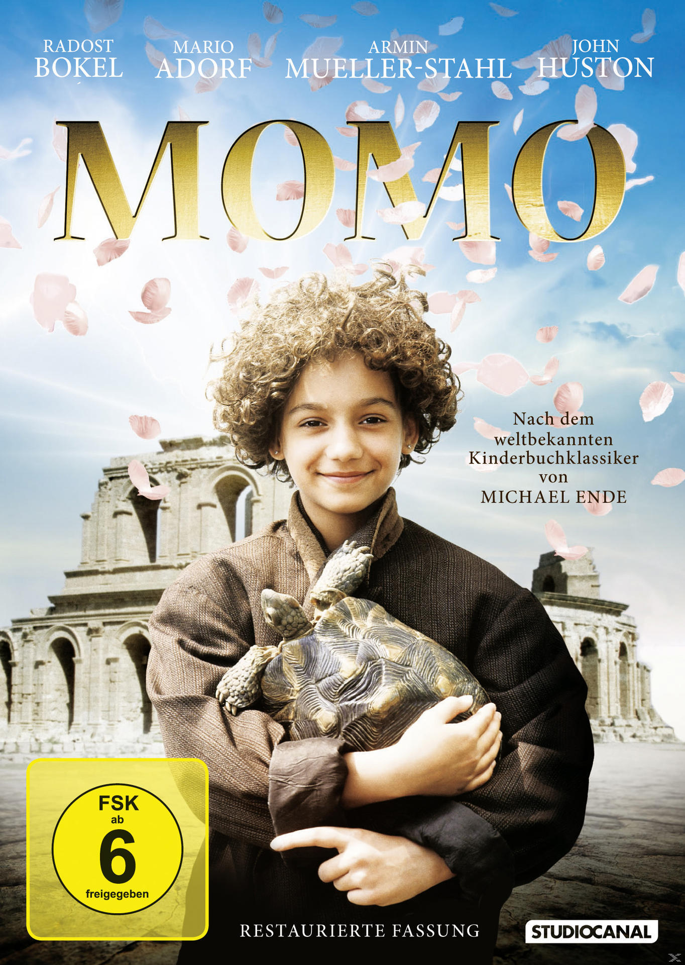 DVD-Cover mit einem Jungen, der eine Schildkröte hält, mit dem Titel 'Momo'.